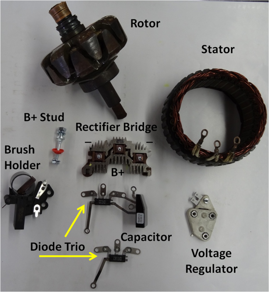 Internal components of a typical Delco/Remy Alternator.