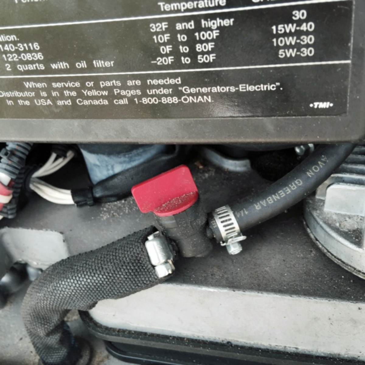 View of the fuel cut-off valve on an Onan 5500 gas RV generator