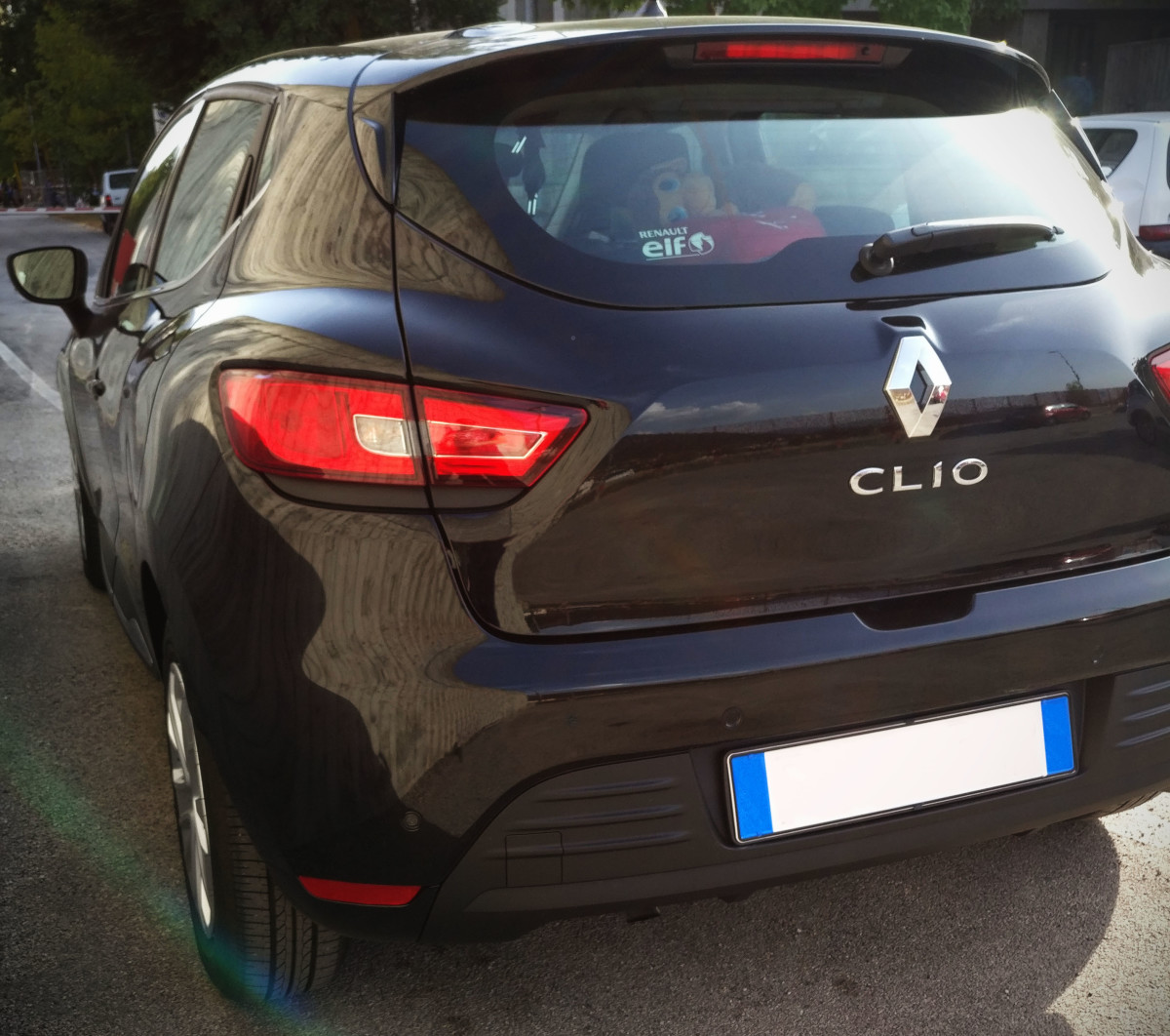 Back view of my Renault Clio. Notice the parking sensors on the rear bumper.