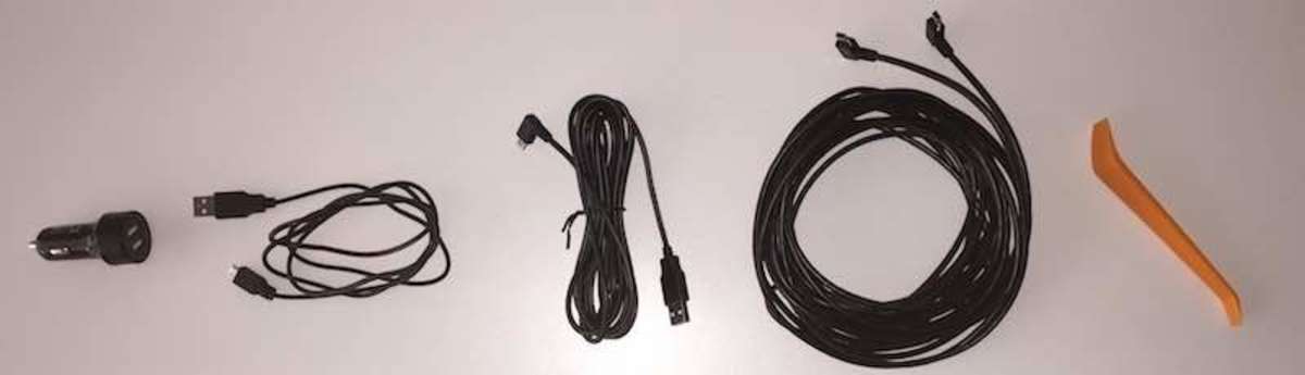 Left to Right: Cigarette Lighter Plug, Micro-USB Cable, Front Cam Cable, Rear Cam Cable, Wire Installation Tool. 
