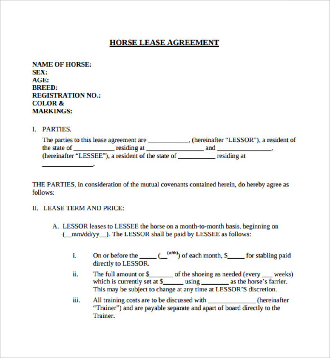 Free Lease Horse Agreement Template Australia Printable Form 