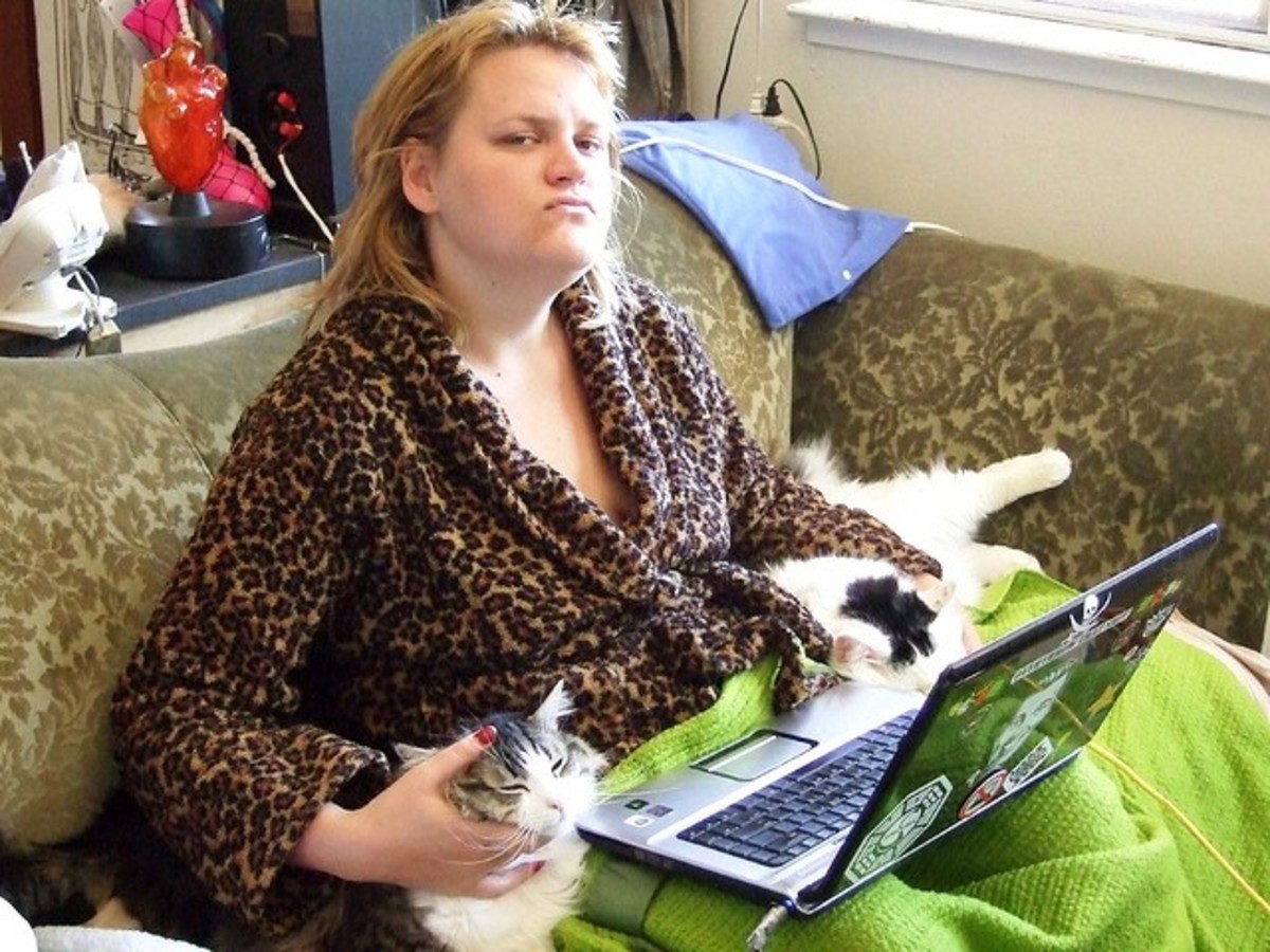All work and no play. This dedicated company employee spends her weekends and holidays on the sofa with her two feline assistants catching up on work emails and project deadlines.  Lucky lady.