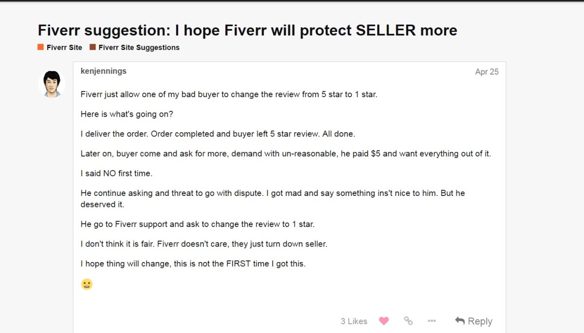 Fiverr Forum显示卖家对1星级自动取消反馈感到沮丧。