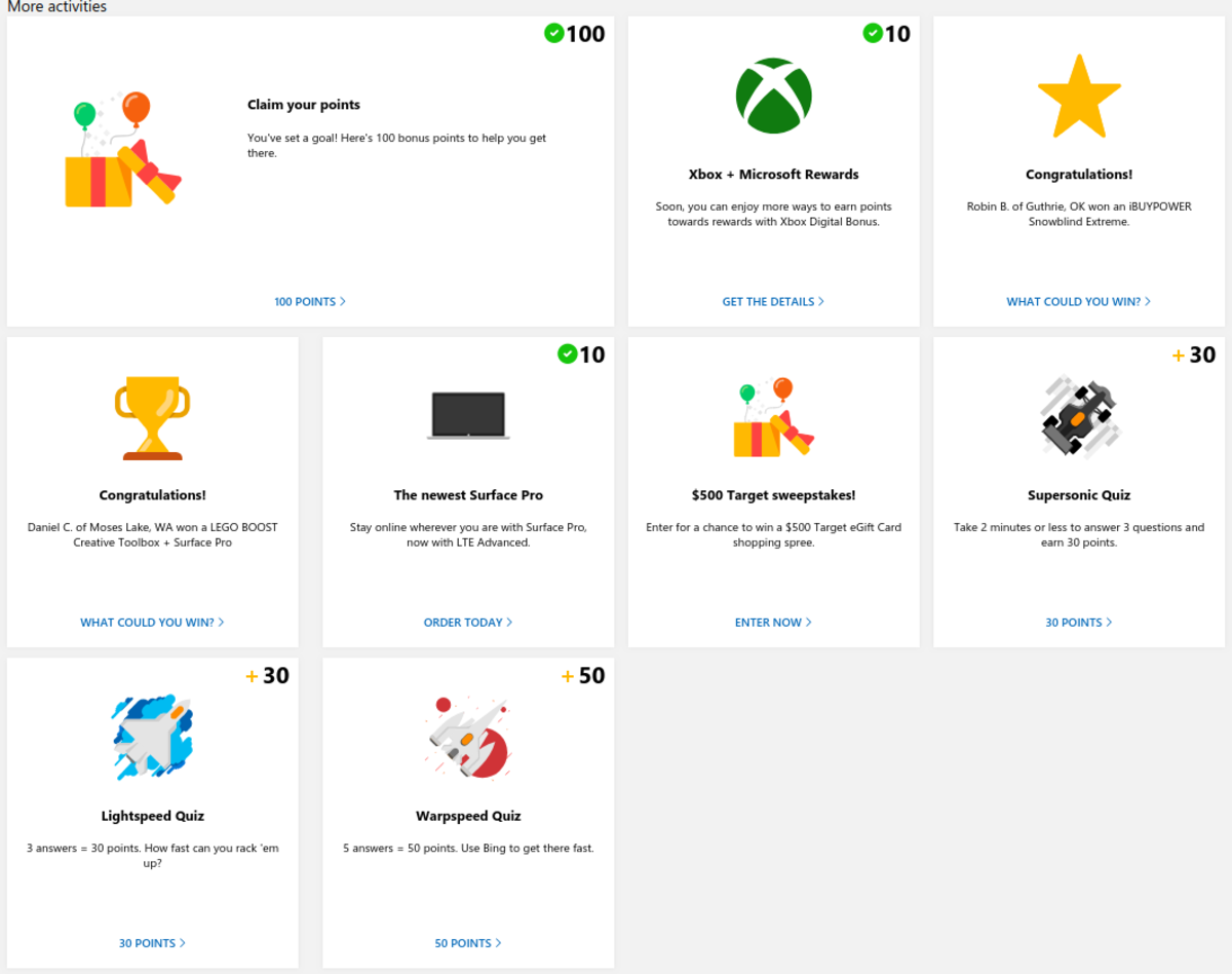 Some of the extra activities you can do to earn extra points for Microsoft Rewards.