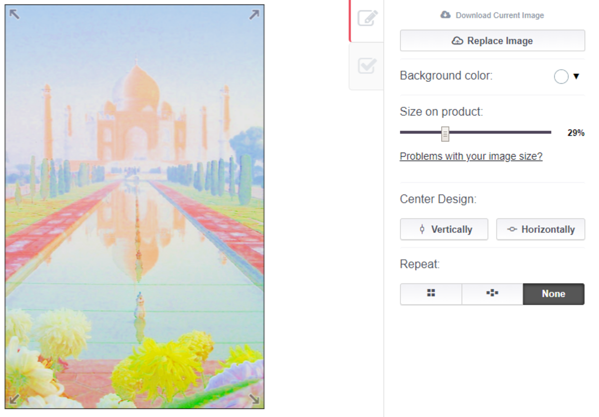 Here I am editing my painting of the Taj Mahal to fit on a phone case. You can move your image around to crop it to the part you want to show, or shrink it down to fit the whole picture on the case. You can also tile your image.