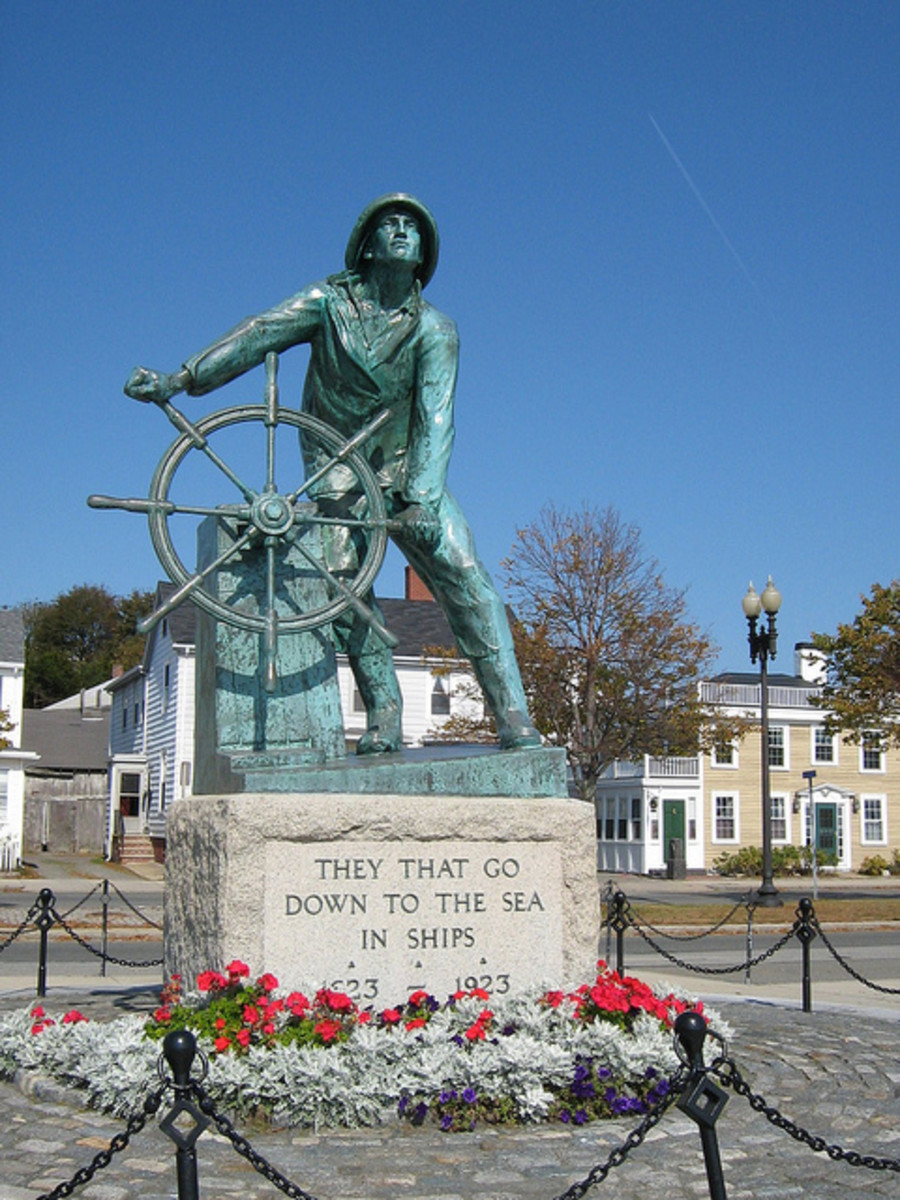 Gloucester, Massachusetts Fishermen's Memorial: currently, 10,000 names are engraved on the memorial plaque. The statue is said to be looking for good weather.