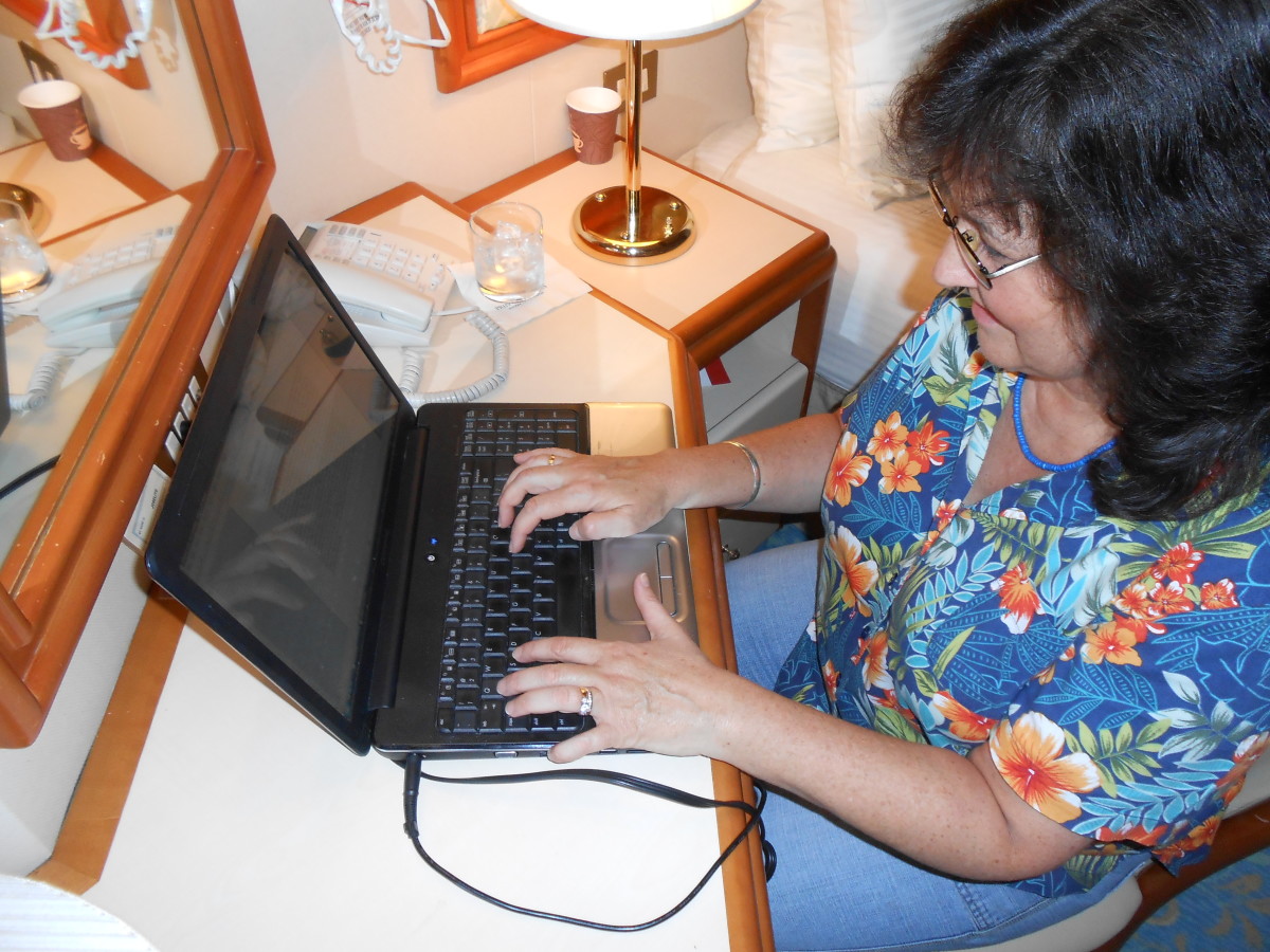 writing articles in the stateroom on the cruise.