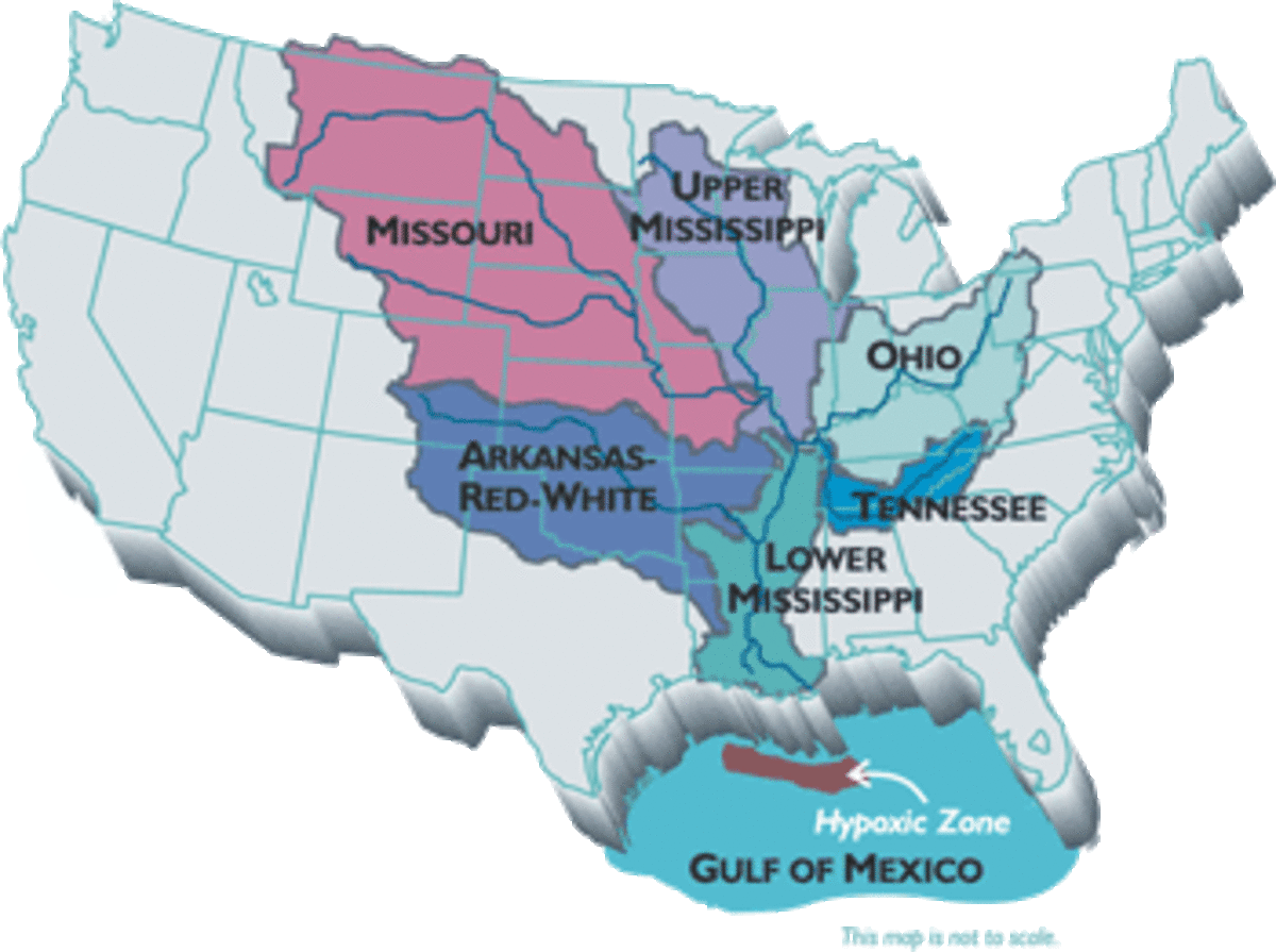 The nested drainage basins of 6 rivers flow into the Mississippi River Basin ending in the Gulf of Mexico.
