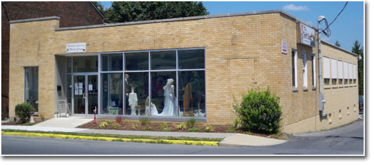 The Humane Society's modest exterior hides a gorgeous store. What looks like a former post office building holds a thrift store decorated, in many rooms, like an upscale antique shop!