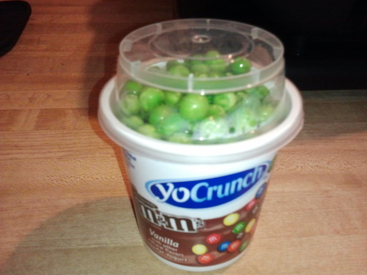 M&M's YoCrunch containers make great cups for leftover peas!