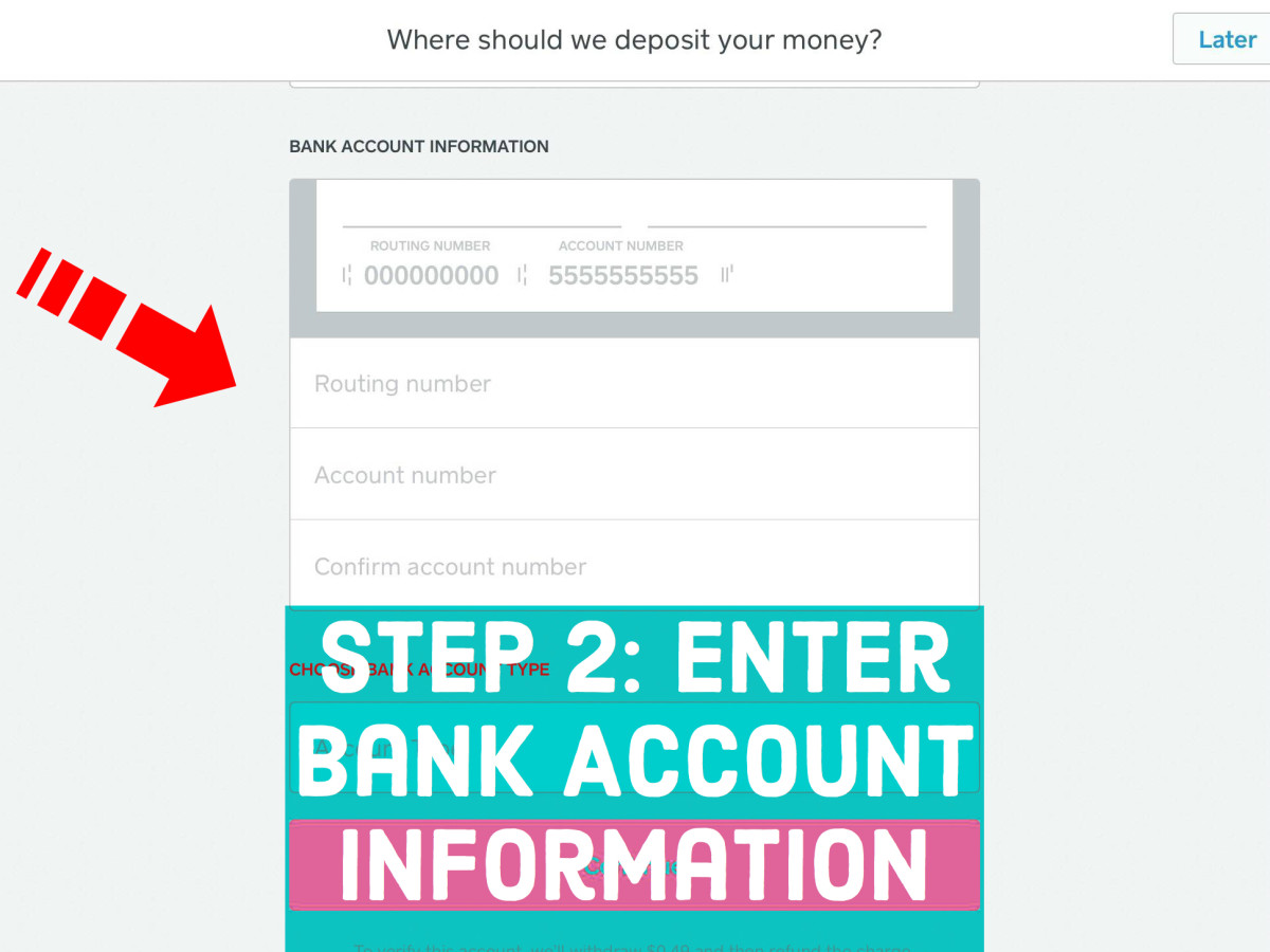 The screen where you enter your bank account info