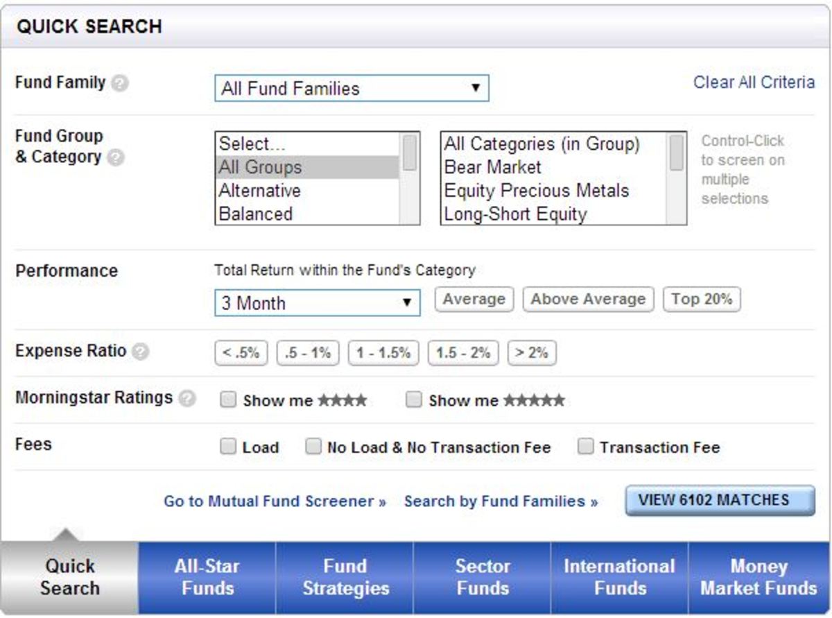 Use the mutual fund screener to select high-performing funds with no fees and no initial investment requirement.