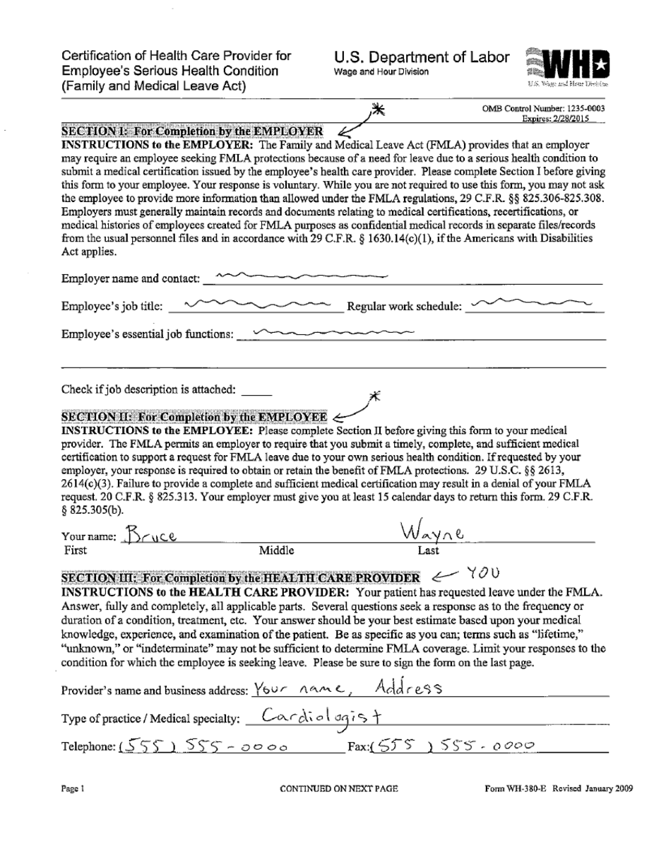 Continuous FMLA leave paperwork, page 1