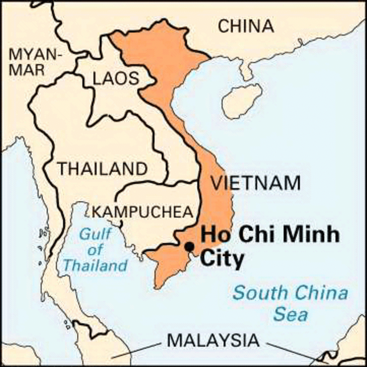 Ho Chi Minh City is 1,700 km south of Hanoi, 297 km east of Phnom Penh, Cambodia, and 881 km east of Bangkok, Thailand.