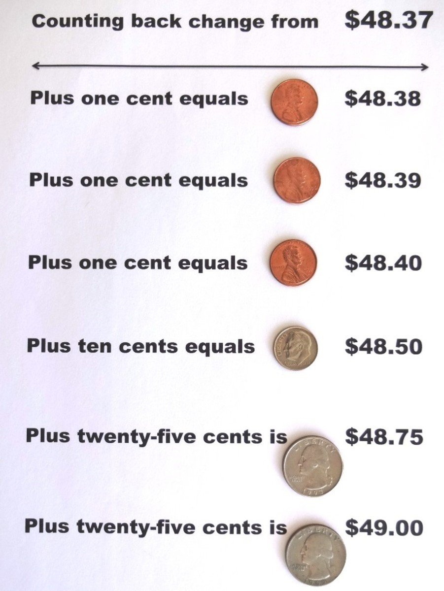 Counting back change is easy when you start at the smallest denomination and move to the larger amounts.