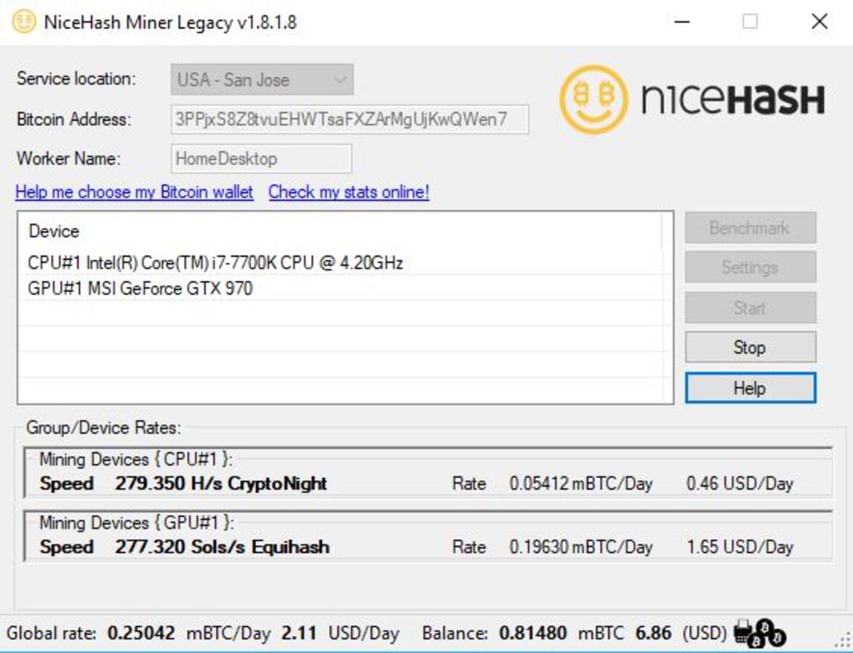 NiceHash Miner Legacy version in operation.