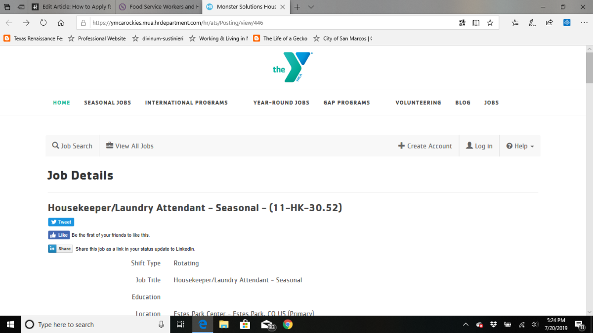 The job listing on the YMCA of the Rockies website.