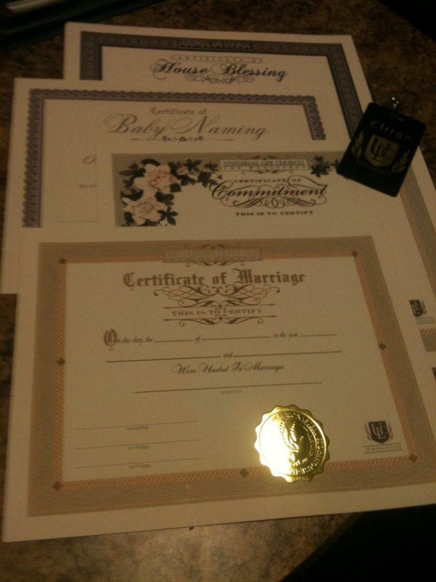 Ordained ministers can purchase embossed certificates to commemorate ceremonies they officiate.