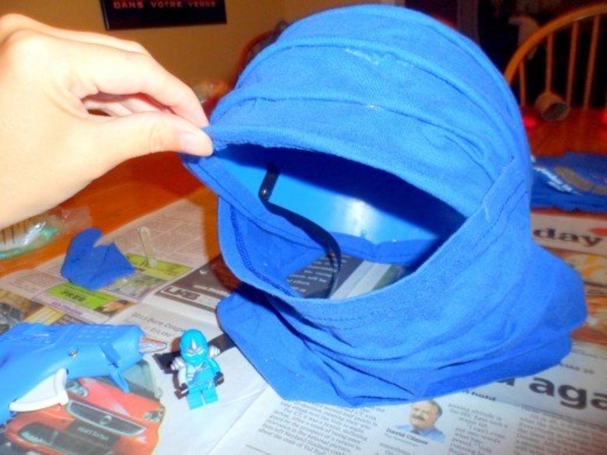 Our finished hood for our Ninjago Jay costume.