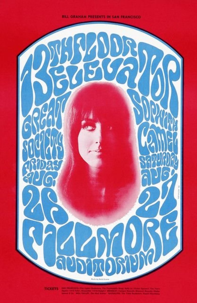 Grace Slick and the Great Society / 13th Floor Elevators Fillmore Auditorium Concert Poster Bill Graham 1966 Poster Art by Wes Wilson