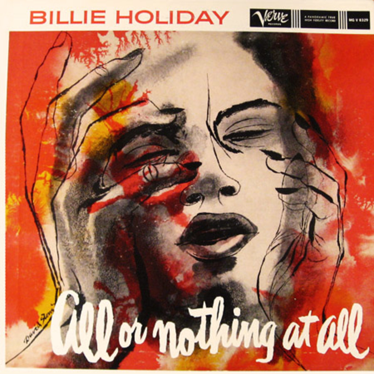 Billie Holiday "All or Nothing at All," Verve Records MG V 8329 12" LP Vinyl Record (1957). Album cover art by David Stone Martin.
