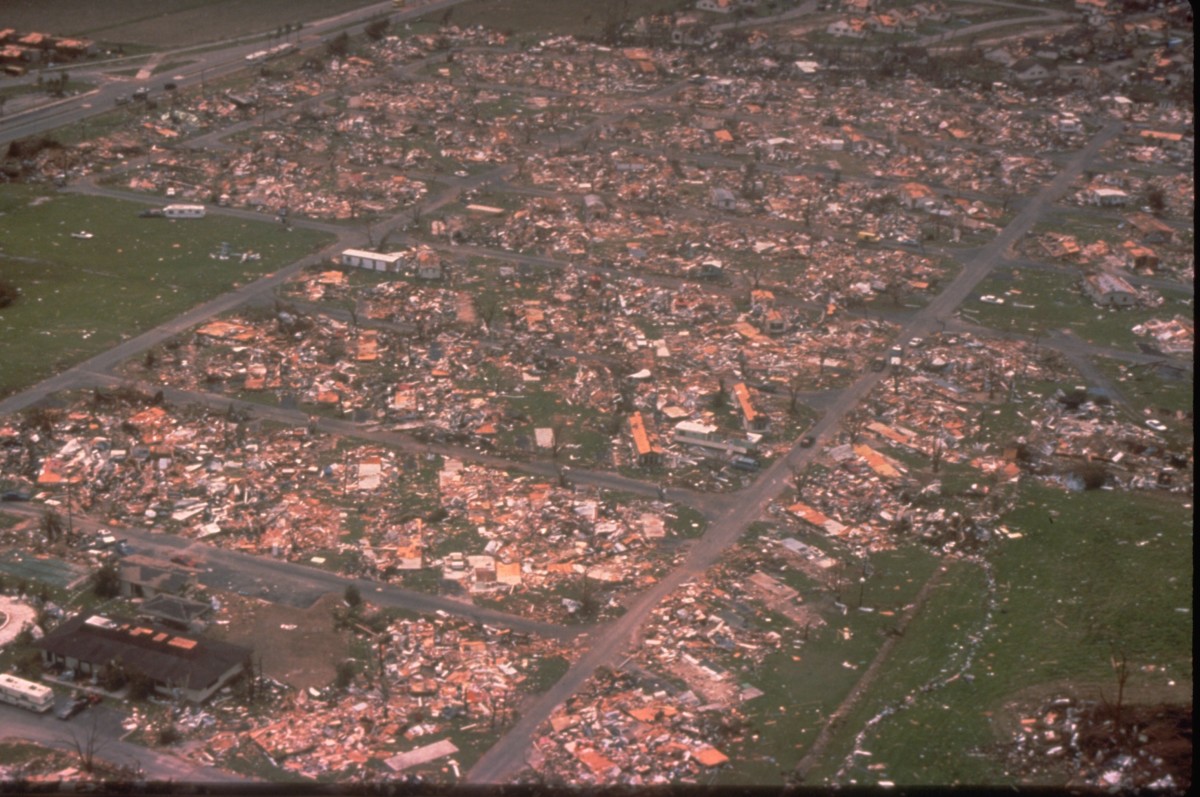 Hurricane Andrew was a Category 5 Atlantic hurricane that struck the Bahamas and Florida in August 1992.  It caused 65 deaths and $26.5 billion in damage.  Shown here is a devastated mobile home community.