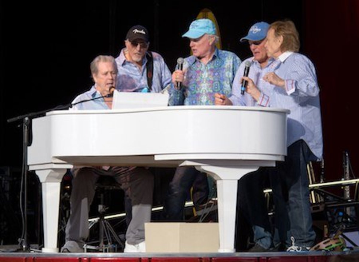 Brian Wilson, David Marks, Mike Love, Bruce Johnston and Al Jardine performing at a Beach Boys concert in May 2012.