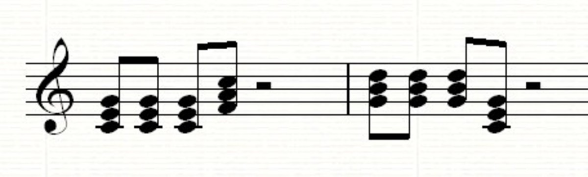 Root position chords used in a percussive, rhythmic way