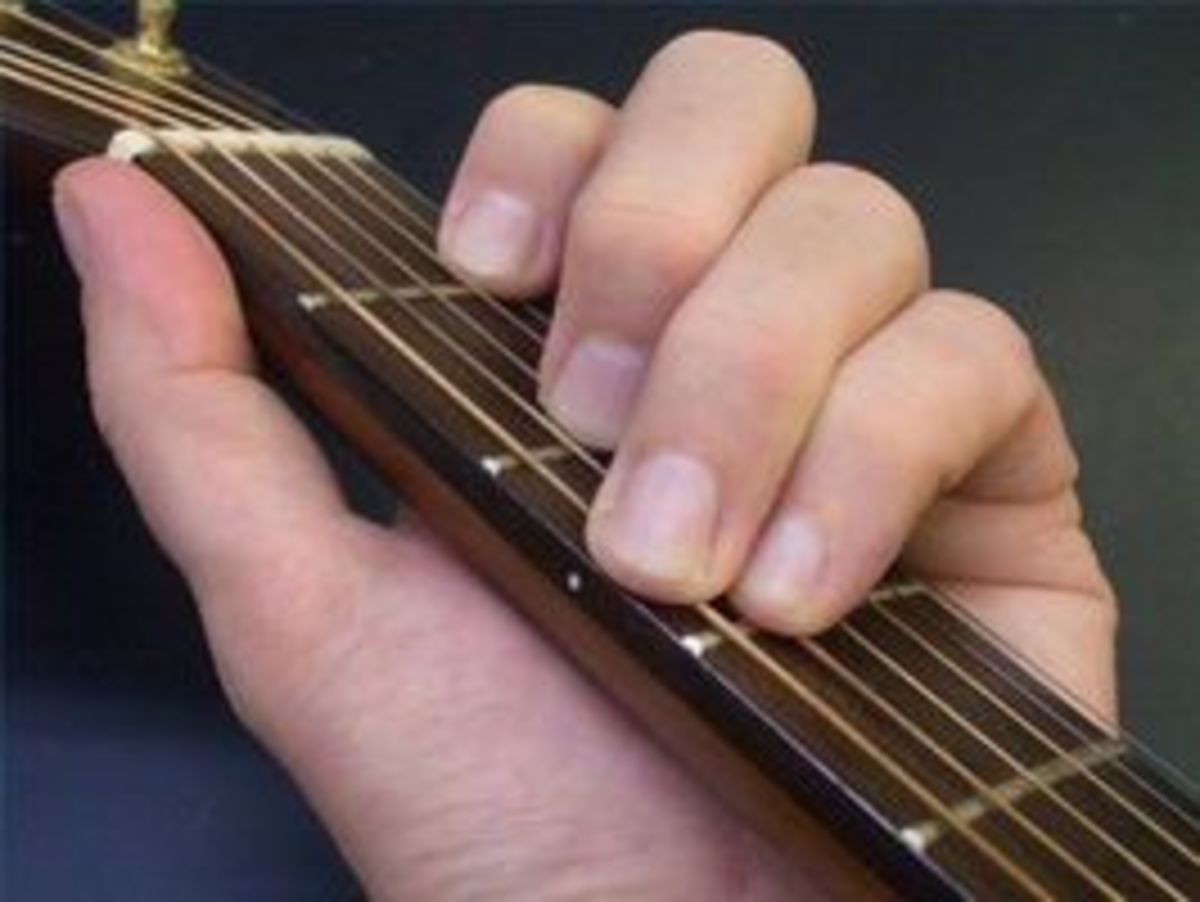 An example of how placing fingers down between certain frets will produce different sounds. 