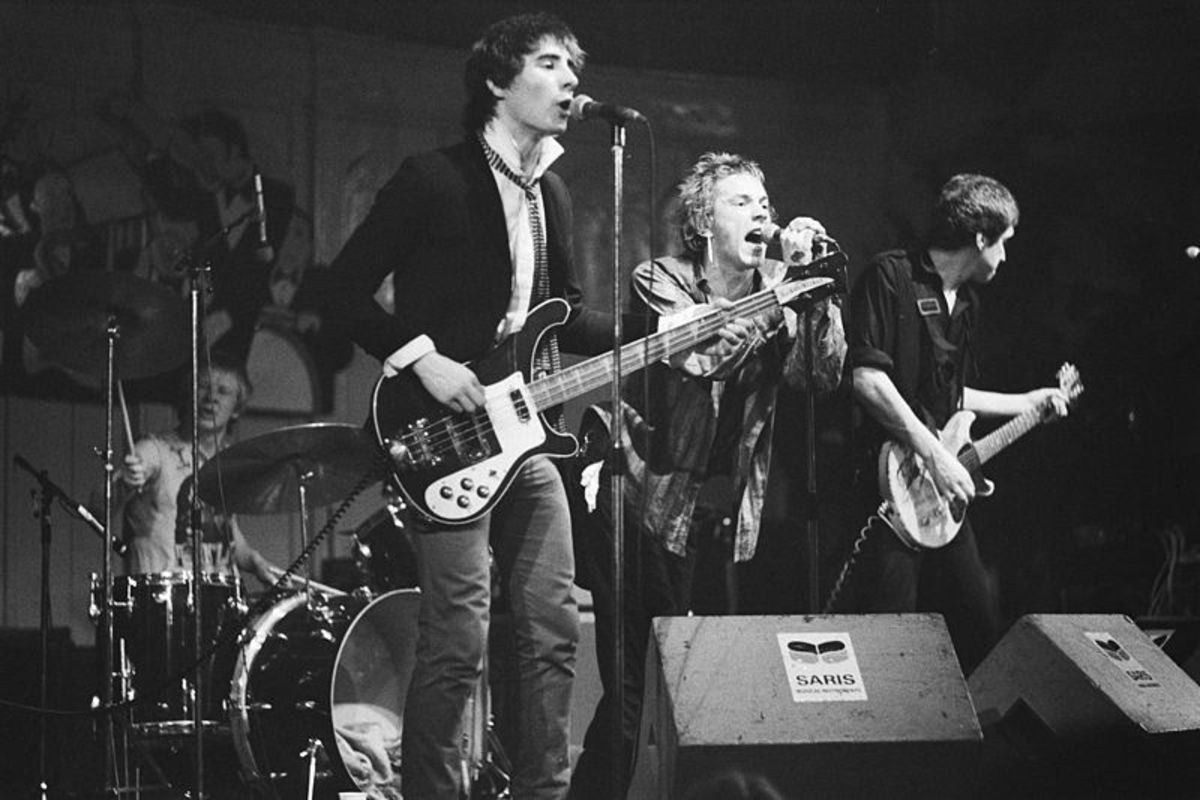 Sex Pistols performing in Paradiso, Amsterdam, January 6, 1977. Their debut album "Never Mind the Bollocks, Here's the Sex Pistols" was a huge influence on Nirvana and numerous other punk and alternative rock bands. 