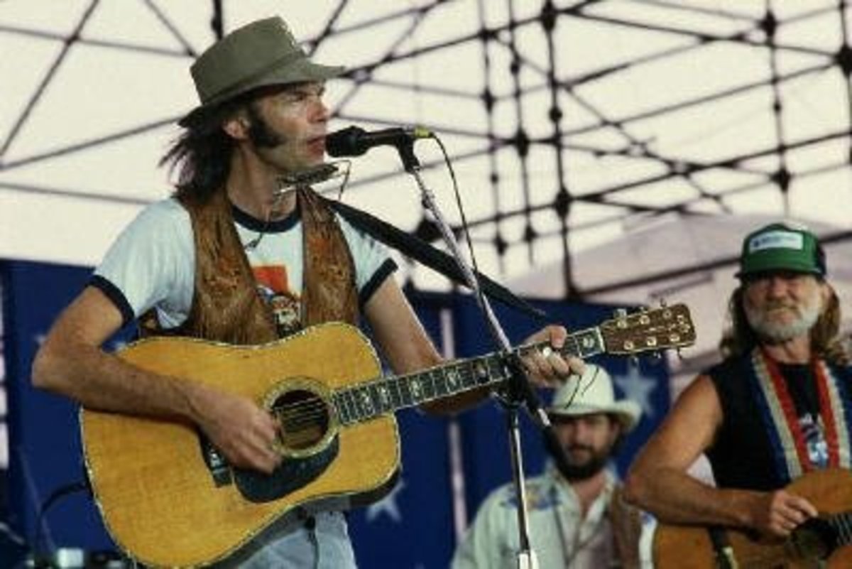 Neil Young and his Martin D-45, with Willie Nelson in the background