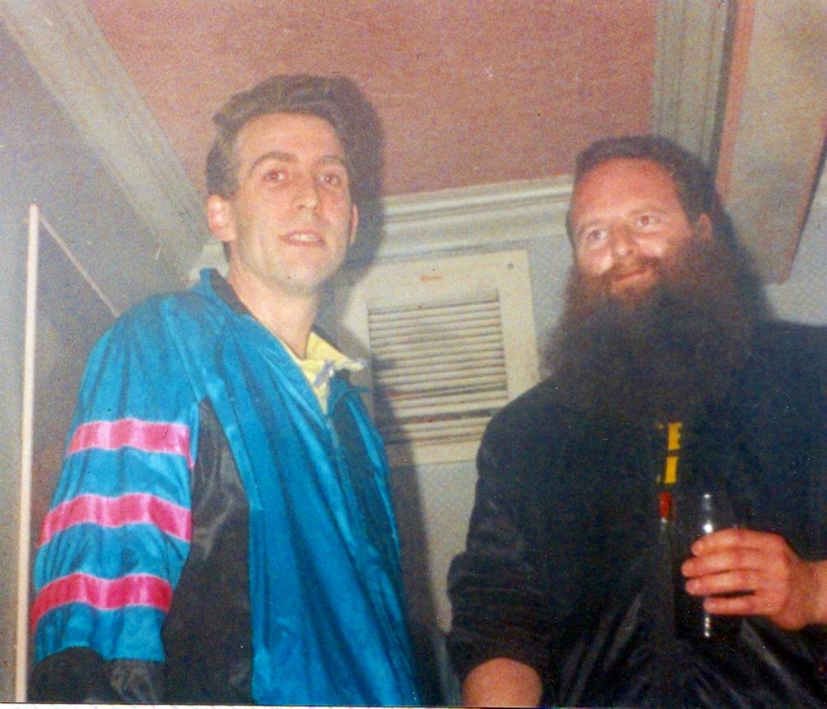Glen on the left, pictured with Chris, one of the doormen, at Monroes, Great Harwood (1990).