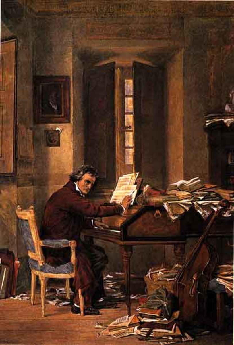 Beethoven composing at the piano in his study, from a painting by Carl Schloesser