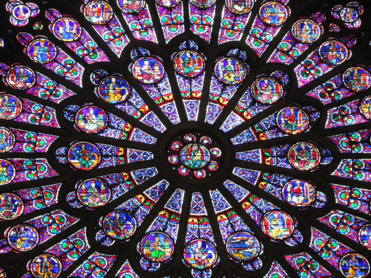 The stained glass of the Notre Dame cathedral in Paris, France before the structure burned in 2019. 