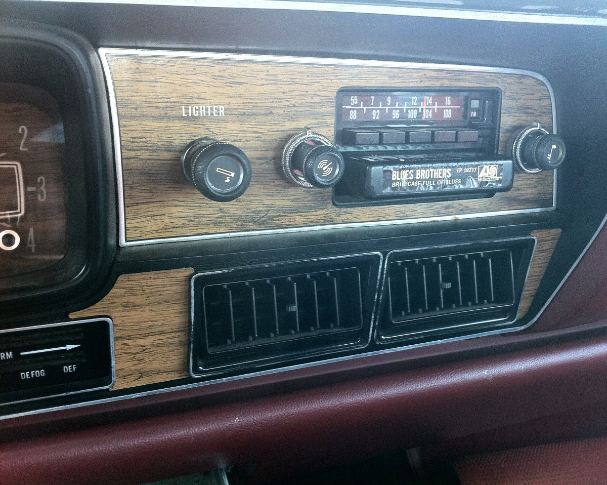 Before the cassette tape, there was the 8-track tape. It was impossible to rewind.  This one appears in a 1978 American Motors Corporation Matador four-door sedan, shown here in the "play" position.  Groovy!