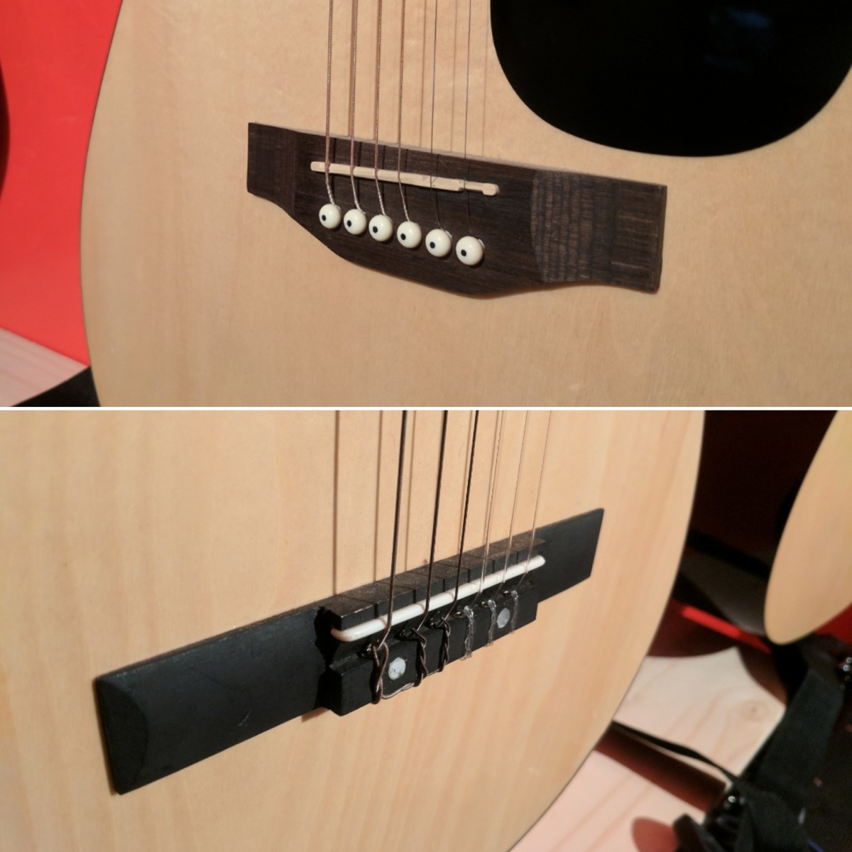 There are a number of visual differences between classical and steel string guitars—such as the bridge shown here—that are a direct result of the different strings.