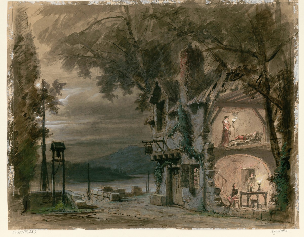 Stage set for Sparafucile's inn with the river in the background