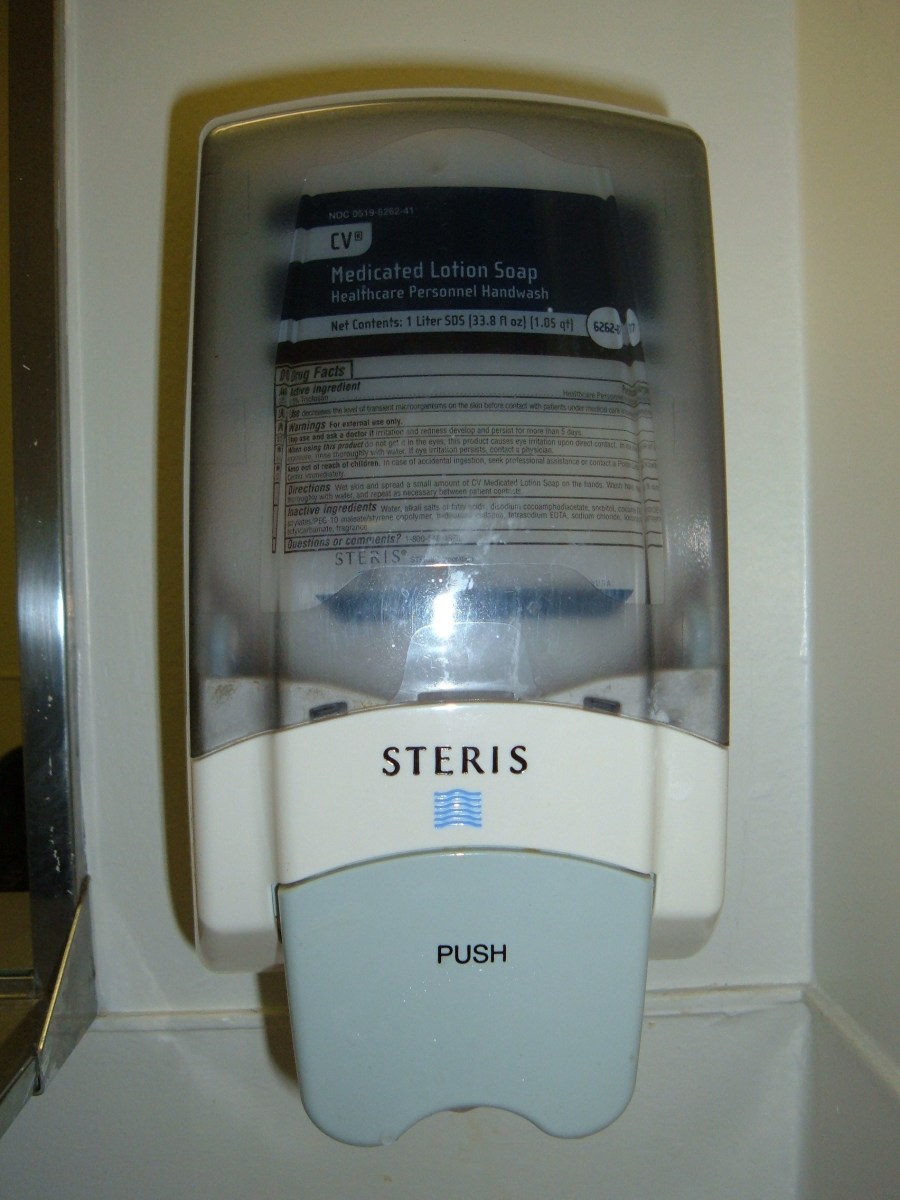 "Wall-mounted medicated lotion soap dispenser found in a hospital in Daly City, California, in an ICU room"