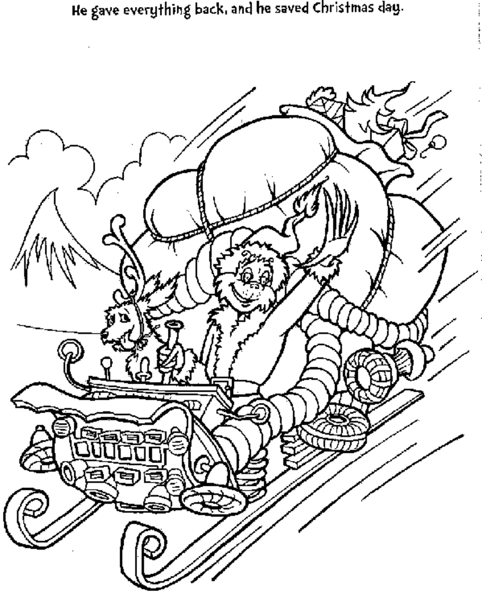 Coloring page of Grinch in the sleigh after saving Christmas Day