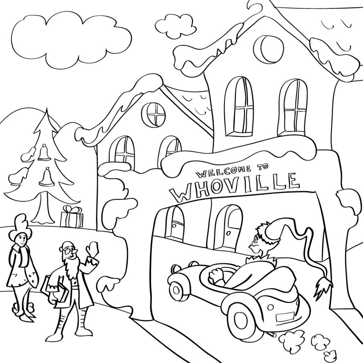 Coloring page of the Grinch entering Whoville
