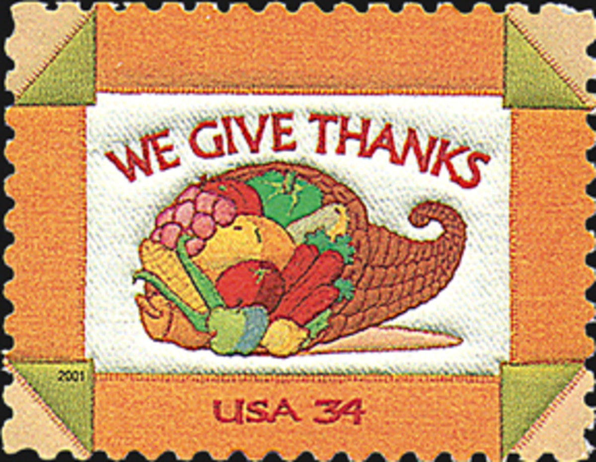 This is the 2001 U.S. Postal Service commemorative Thanksgiving stamp.