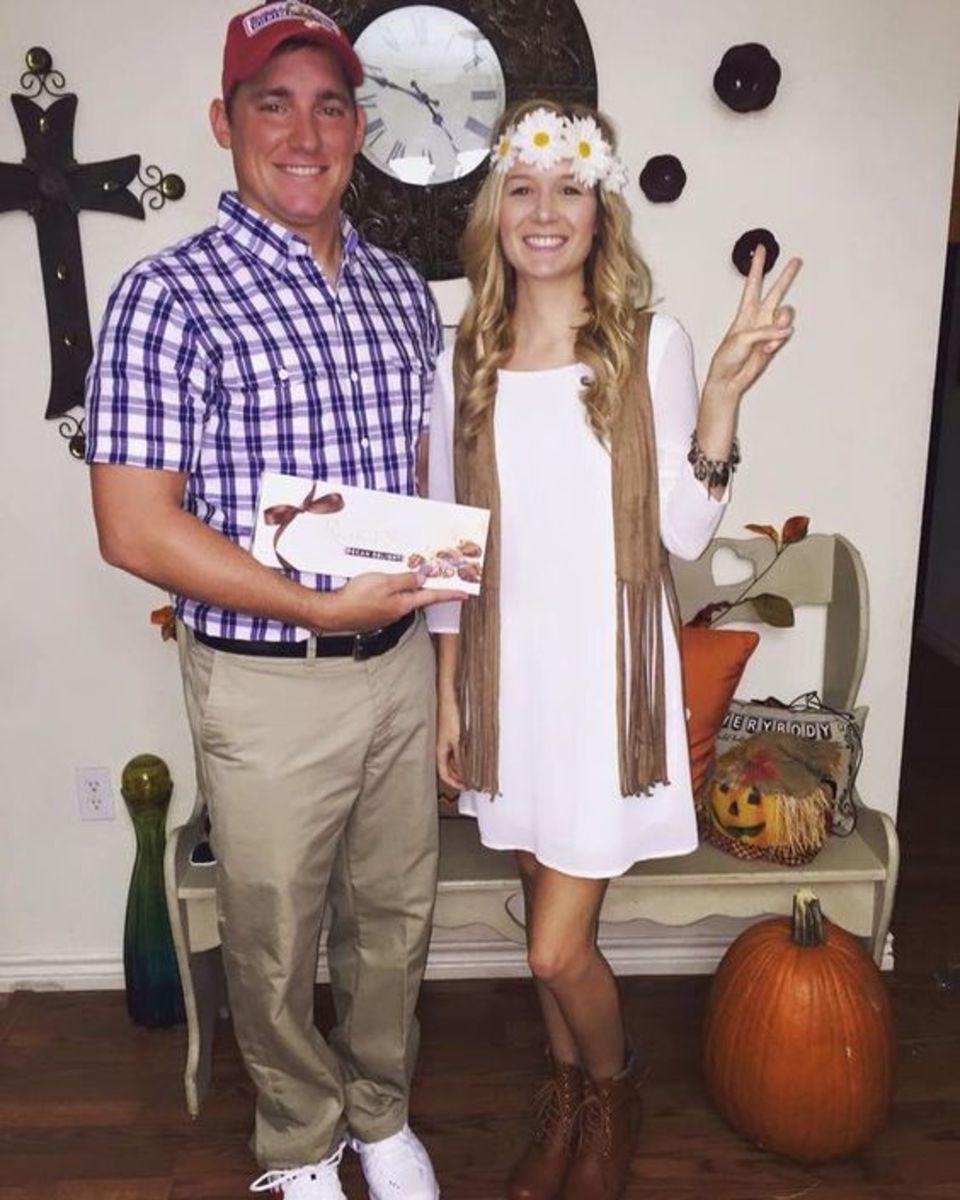 Another great couple's costume idea is Forrest Gump and Jenny from the 1994 hit movie starring Tom Hanks. You may already have some of this in your closet, so you really don't need to buy that much!
