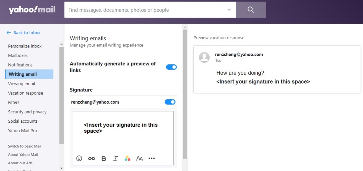Add the text portion of your signature in the box provided, and it will automatically show via the live preview on the right