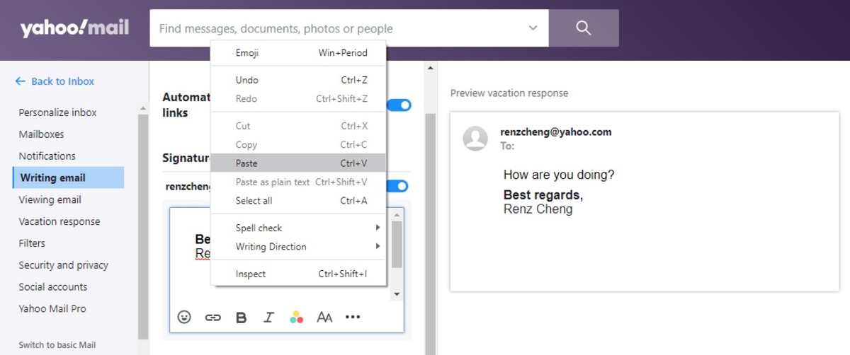 Setting up an email signature in Yahoo Mail