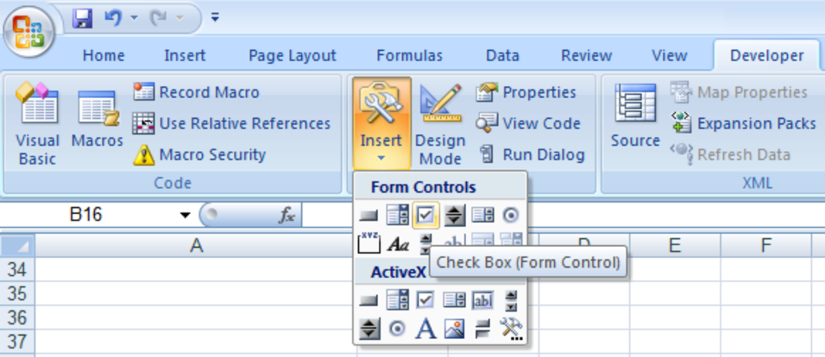 Creating a check box in Excel 2007 or Excel 2010.