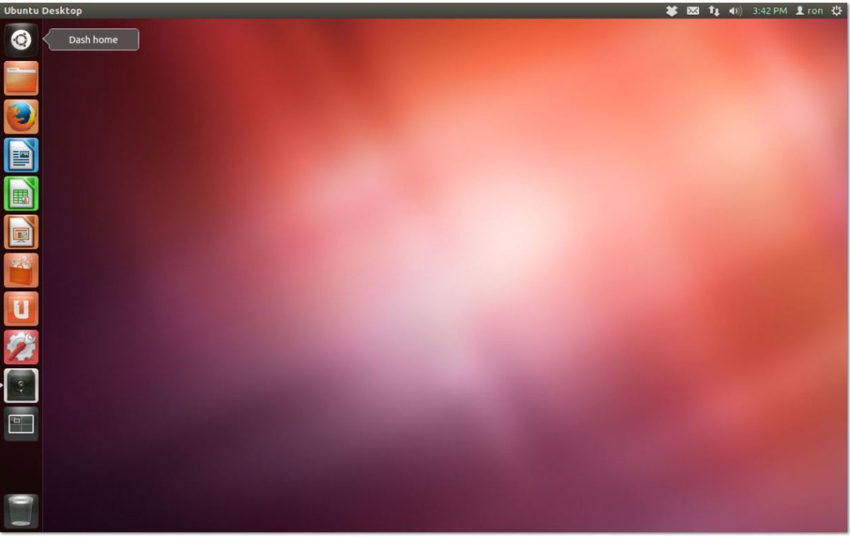 Ubuntu desktop. The button at top left ("Dash home") opens the application launcher.