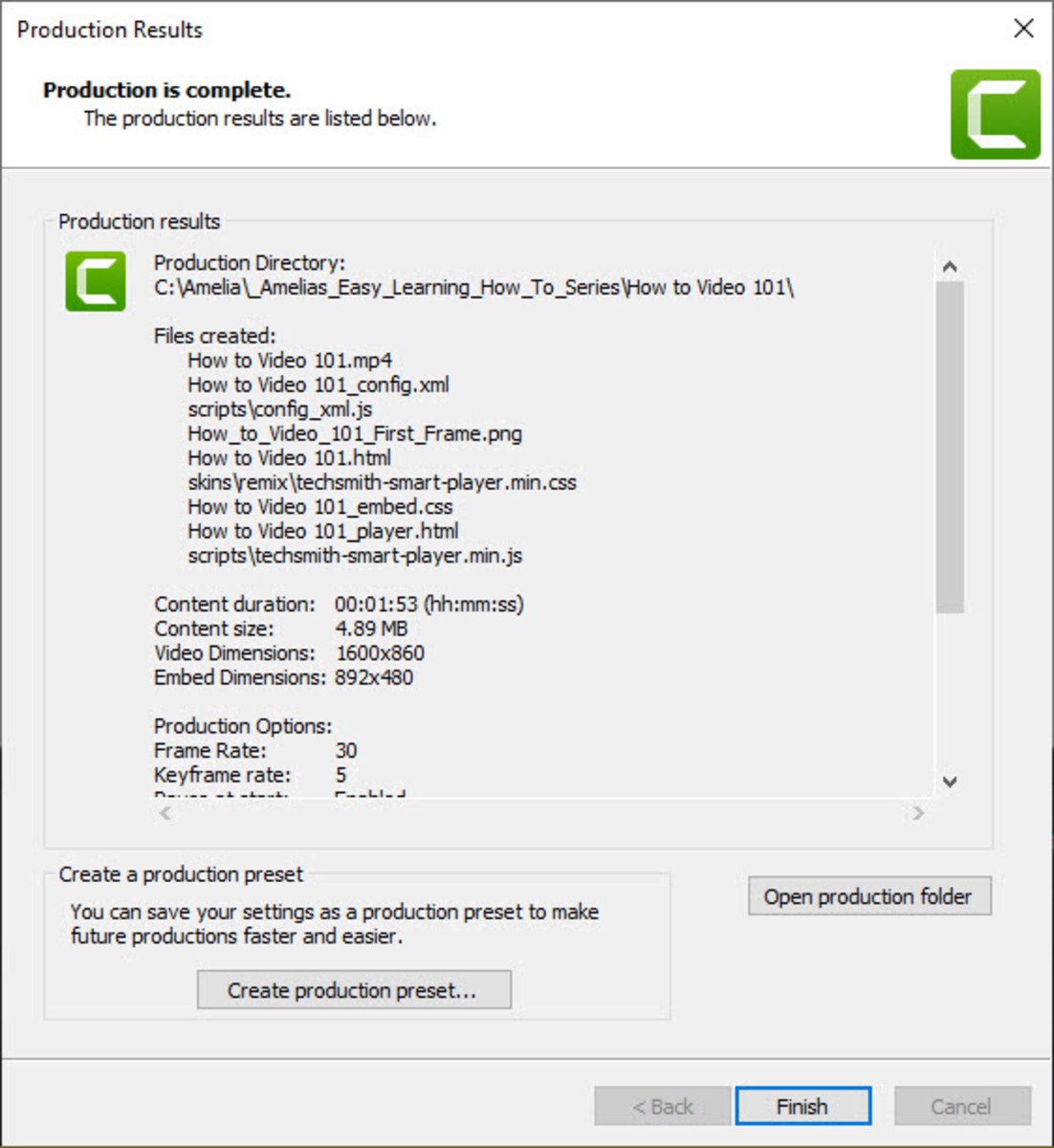 Camtasia Production Complete