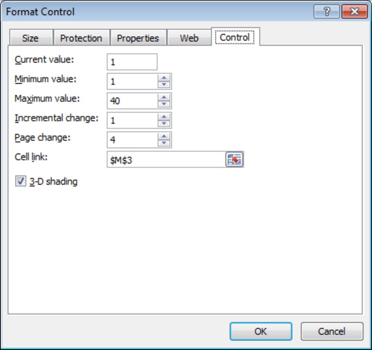 Configuring the range used and the increments chosen in a Scroll Bar in Excel 2007 and Excel 2010.