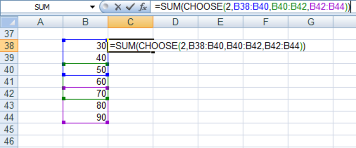 An example of how to use SUM and CHOOSE together to add up a range of cells in Excel 2007 and Excel 2010.