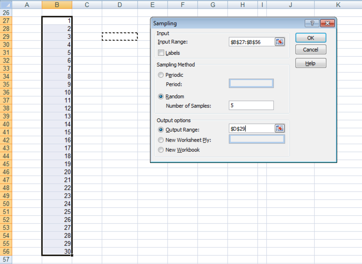 Using the Sampling Tool to create a random number sample from a larger population in Excel 2007 and Excel 2010.